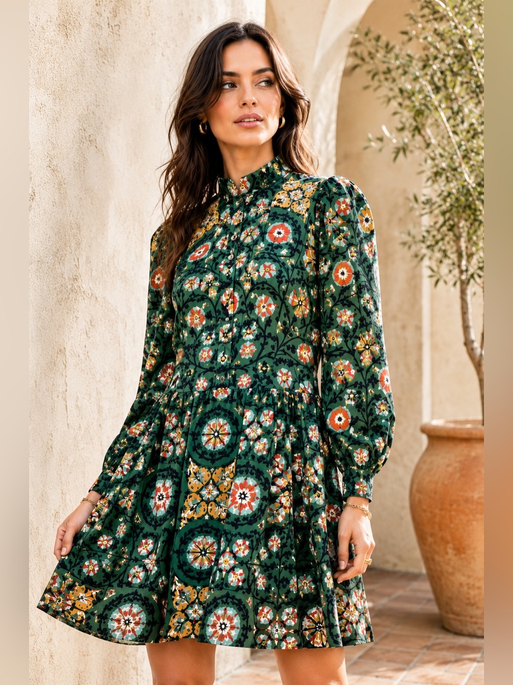 La DoubleJ 100% Silk Shorty Dress Green Floral Print Puff Sleeve Italy Small